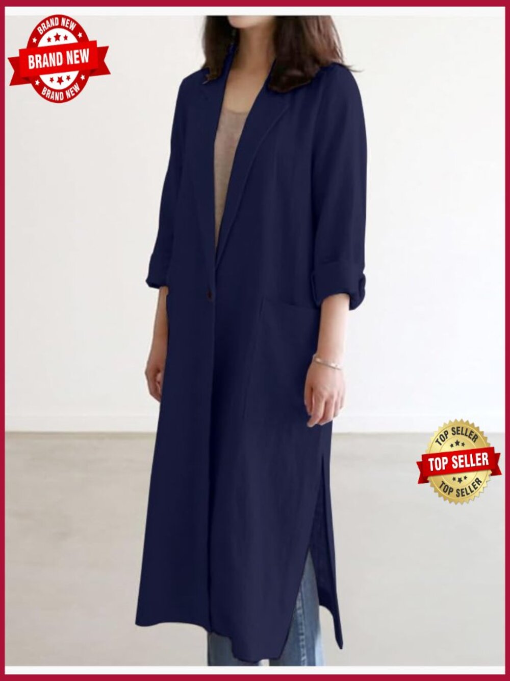 Long Linen Blazer Women Casual Spring Summer Jacket Trench Coat Lightweight - Picture 4 of 4